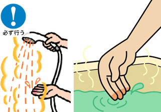 給湯器使用時、手で湯温を確認する